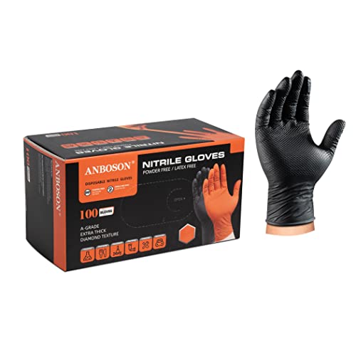 Anboson Disposable Nitrile Gloves,Industrial 10Mil Disposable Gloves Latex Free, Powder Free,Mechanic Gloves,Diamond Texture (Black Of 100, Large) #TOP9
