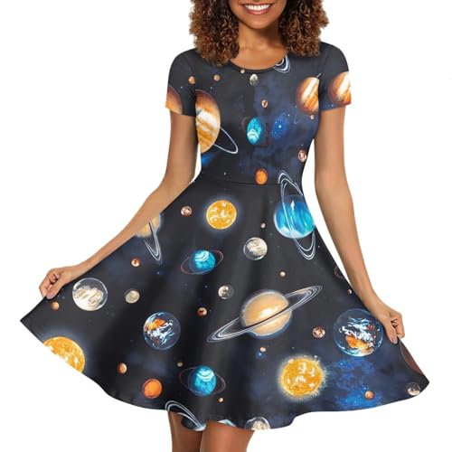 Image of Forchrinse Galaxy Colorful Planet Space Womens Dress Short Sleeve Midi Tunic Dress Plus Size Casual Elegant Formal Dress 3D Galaxy Party Sexy Sundresses for Women, Large