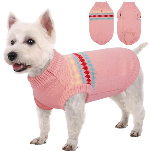 Kuoser Dog Sweater, Small Dog Sweater, Dogs Sweaters for Small Dogs Girl Boy, Thermal Puppy Christmas Sweaters Knitwear, Cold Weather Pet Winter Pullover Sweatshirt Apparel with Leash Hole, Pink XS