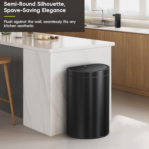 Image of EKO Mirage Semi-Round 47L / 12.4 Gal Motion Sensor Trash Can or Recycling Bin, Automatic Kitchen Trash Bin with Deodorizer Compartment, Removable Lid & Inner Bucket, Stainless Steel, Matte Black