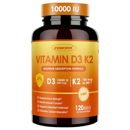 ZEBORA Vitamin D3 K2, 10,000 IU D3 & 100mg K2, 120 Capsules