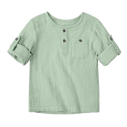 Volunboy Toddler Boys Henley Long Sleeve Cotton Linen Shirt Solid Short Beach Casual Button Tees Tops2