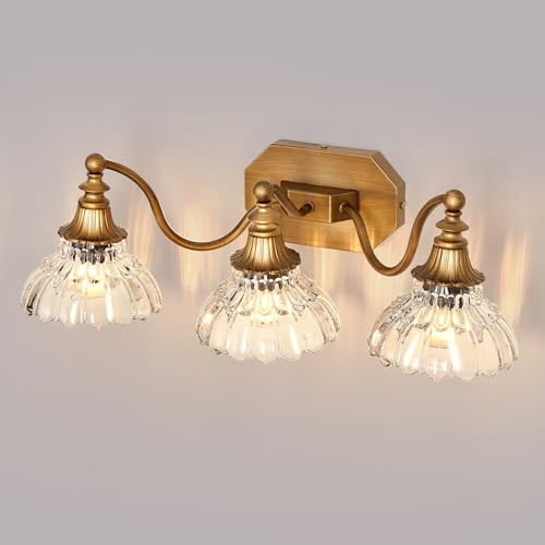 Image of hesoge Vintage Bathroom Light Fixture Brushed Gold Vanity Light with Crystal Glass Shade Antique Brass 3 Light Bathroom Light Over Mirror
