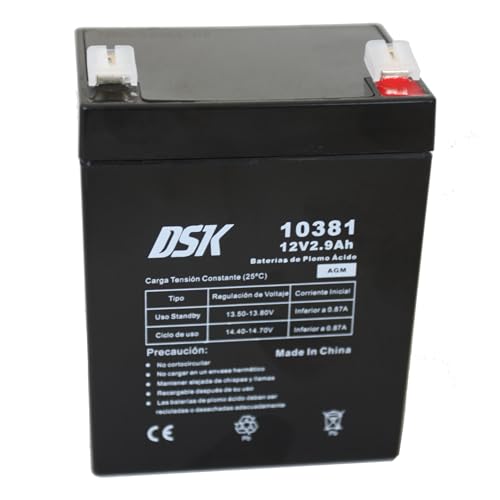 DSK Batería de Plomo AGM Sellada VRLA 12V 2,9Ah Recargable sin Mantenimiento para Alarmas, Seguridad, Juguetes Eléctricos y SAI. Alta Durabilidad Larga Vida útil. Compatible con terminales F1 y F2
