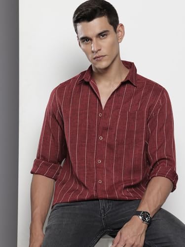 Image of The Indian Garage Co Men Slim Fit Vertical Striped Long Sleeves Casual Shirt