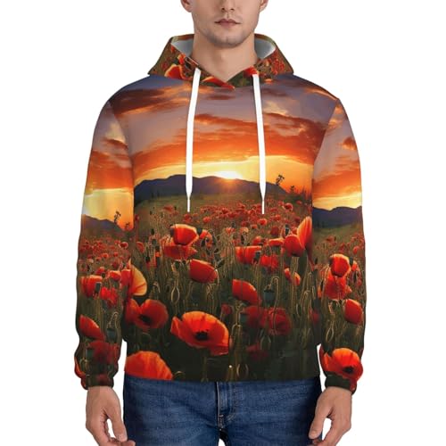 Men's Fleece Pullover Hoodie Long Sleeve Hooded Red Poppy Flower Field in Sunset Sweatshirt Casual Shirts With Pockets2