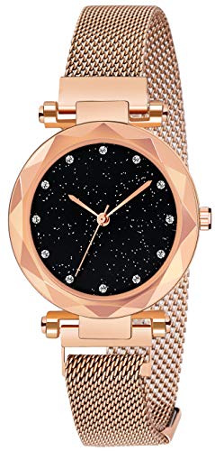 Image of Acnos Premium Rose-Gold Color 12 Point Diamond with Trending Magnetic Analogue Metal Strap Watch for Girl's and Women's Pack of - 1(DM-180)