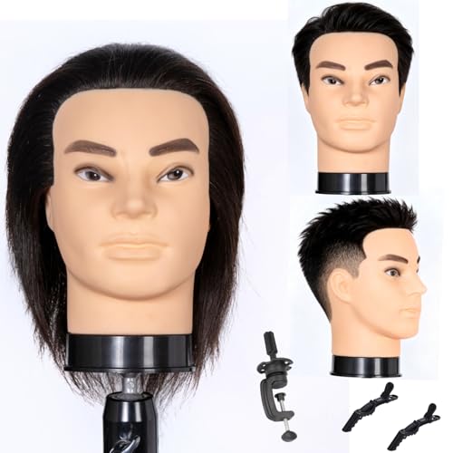 Male Mannequin Head 100% Human Hair Mannequin Head Cosmetology Mannequin Head with Stand Mannequin Head Human Hair Doll Head (black)