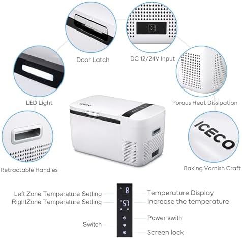 ICECO GO20 12 Volt Refrigerator with Bluetooth Controlled, 21 Quart Dual Zone Portable Refrigerator, Car fridge Powered by SECOP, 0℉～50℉, 12V-24V DC, 110V-240V AC, For Travel, Car Use, With Cover