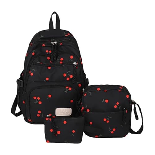 kbudra 3pc Bow Backpack for Girls Pink Cute Backpack With Strawberry And Cherry Design Large Capacity Lightweight (Cherry-black)