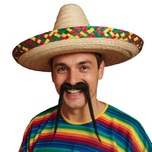 FIESTAS GUIRCA | Sombrero Mexicano de Paja Decorado (50 cm) - Accesorio de Fiesta para Celebraciones Mexicanas, Verano y Carnaval - Ideal para Adultos Unisex - Natural