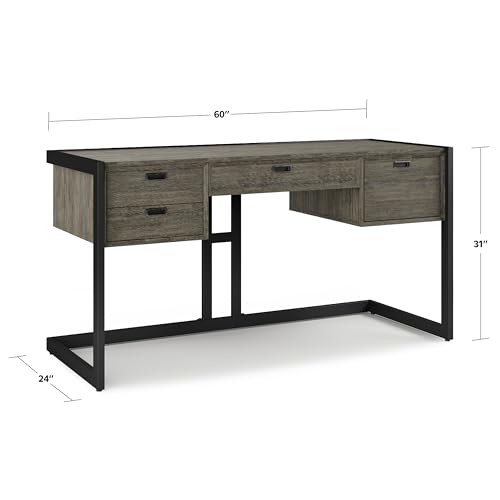 SIMPLIHOME Hampden SOLID ACACIA WOOD Modern Industrial 60 Inch Wide Desk in Weathered Grey, For the Office Desk, Writing Table, Workstation and Study Table