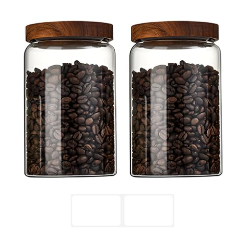 Jauhmui Juego de 2 tarros de cristal con tapa de madera, herméticos, para dulces, galletas, arroz, azúcar, harina, nueces y especias (850 ml, 2, transparentes)