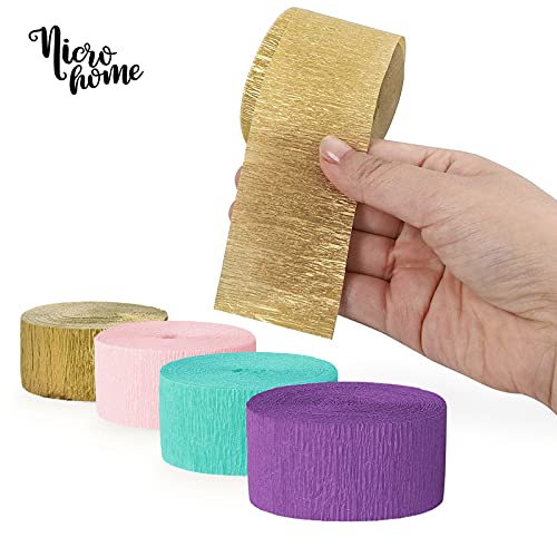 Nicrohome Mermaid Party Decorations, 12 Rolls Purple Blue Pink Crepe Paper Gold Streamers For Wedding, Baby Bridal Shower, Bachelorette Party, Birthday, Ocean Themed Party, 82Ft Long #TOP3