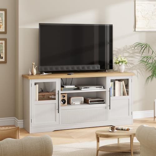 70" TV Stand - Farmhouse Entertainment Center with Wave Design, 2 Glass Door Cabinets + 2 Open Shelves, Media Console for Living Room (Natural/White)