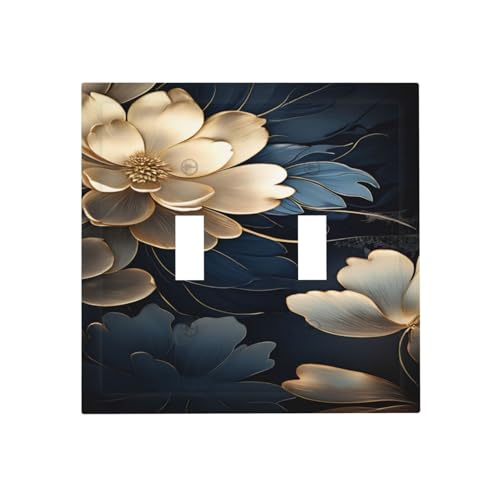 Yamxbfa Gold Flowers Blue Black Leaves Flroal Plants Double Toggle Light Switch Covers Decorative 2 Gang Wall Plate Cover Dual Device Electrical Switchplate Dimmer Faceplate for Country Bathroom Decor
