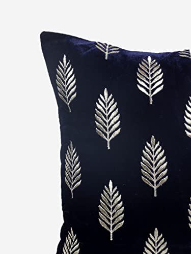 Image of Decoghar Blue Handmade Sofa Cushion Covers | Golden Zari Leaf Embroidered Square Throw Pillow Cover | 16 X 16 Inch | Pack of 3