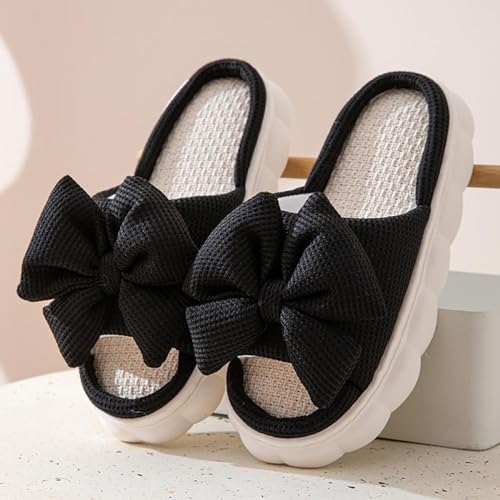 Gaolinci Bow Linen Slippers, Womens Thick-Soled Non-Slip Slippers2