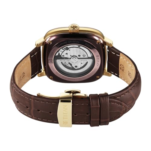 Image of Titan Vintage Concealed Automatic Analog with Beige Dial Brown Leather Strap Watch for Men - 90225KL03