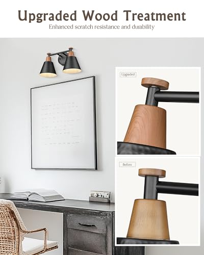Image of FEMILA Modern 2 Light Bathroom Vanity Lights, Industrial Bathroom Light Fixtures Over Mirror, Black Vanity Lighting Fixtures, Woodgrain Finish, 4FG59B-2W BK-NW