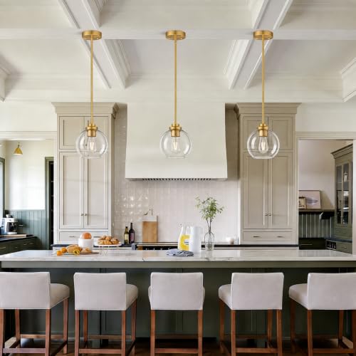Image of 1 Pack Gold Globe Pendant Lights, Mid Century Gold Pendant Light Fixtures, Globe Pendant Lights Kitchen Island with Clear Glass Shade Adjustable Hanging Fixture for Dining Room (Bulbs not Included)
