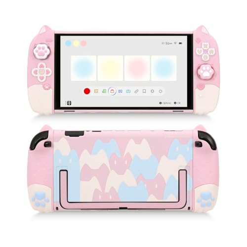 Image of Geekshare Protective Case Set Compatible with Switch 2, PC Back Plate with Silicone Joysticks Covers, Includes 2 Thumb Grips, Waterproof Protection (Pink Cat, for Switch 2)