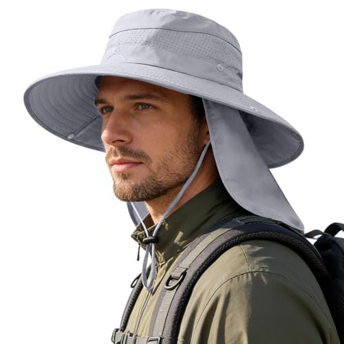 Image of Sun Hats for Men Women, UPF50+ Protection Safari Hat,Wide Brim Fishing Hat with Neck Flap,Bucket Hats for Beach Hiking