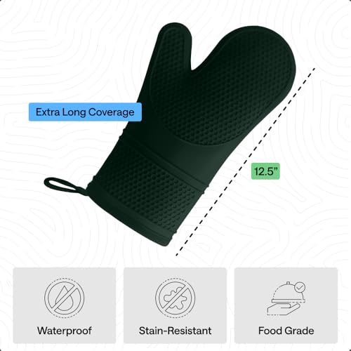 Image of GORILLA GRIP BPA-Free Soft Silicone Oven Mitts, 550F Heat Resistant Waterproof Cooking Safety Gloves, Cotton Lining, Flexible Gripping for BBQ Grilling, Kitchen Potholders Set, 12.5x8.3, Hunter Green