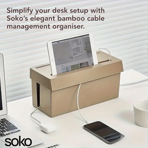 Image of Soko Cable Management Box with Mobile Stand | Cords Hider & Surge Protector | Concealer for Power Strips, Router, Gadget Wires Storage Organizer Tray for Desk, Table - Home, Office - Beige