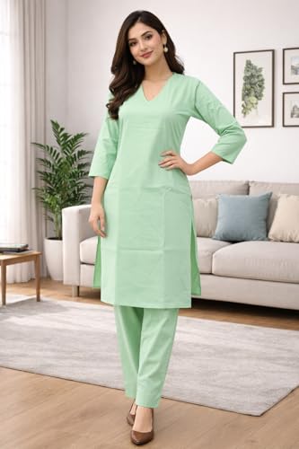 Image of JAIPUR HAND BLOCK Women's Cotton plain Straight Salwar Suit | V-Neck | 3 /4th Sleeve | Regular Fit | Daily, Office & Ethnic Wear(ST00125-V-NEW)