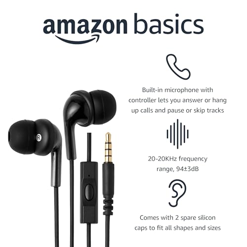 Amazon Basics Wired Earbuds with Microphone, In-Ear Headphones, 3.5mm Jack, High Definition Sound, Secure Fit, 4.2 ft Cable, S/M/L Ear Tips, Black