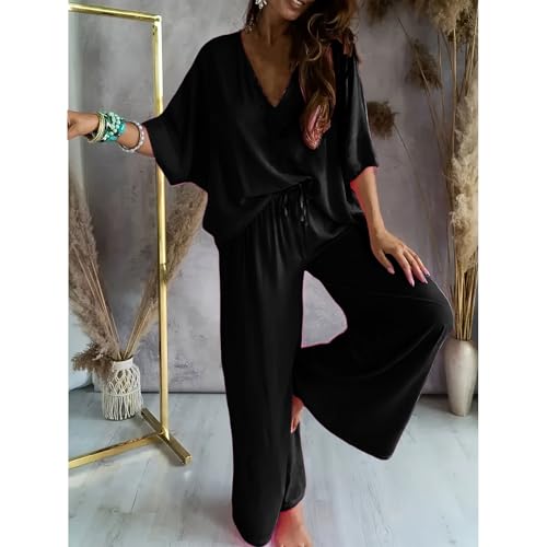 Plus Size Lounge Sets for Women 2 Piece Summer Outfits Batwing Sleeve V Neck Tops Wide Leg Pants Comfy Pajamas 20253