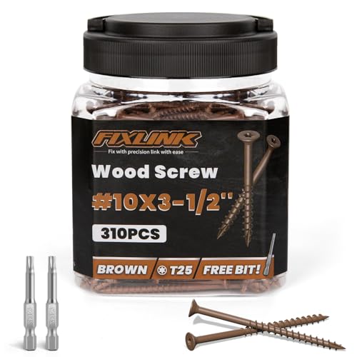 Image of Wood Screws 3-1 /2 Inch, FIXLINK Deck Screws #10 x 3-1 /2 inch, 310 PCS, Epoxy Coated, T25 Star Bit Above 1500 Hour Salt Spray Coating Outdoor Decking Screws Excellent Rust Resistant for Wood Fence, Brown