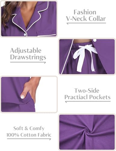 Image of COLORFULLEAF Women's 100% Cotton Pajamas Set Button Down Sleepwear Short Sleeve Shirt and Long Pants Soft Ladies Lounge Sets