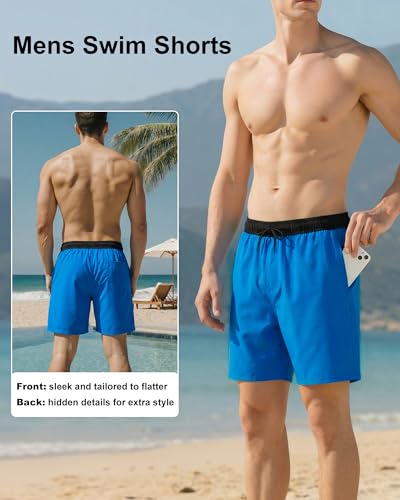 Image of Mens Swim Trunks with Compression Liner 2 in 1 Quick Dry Swimming Shorts Swimwear Bathing Suits with Pockets, A Mix Light Blue, M