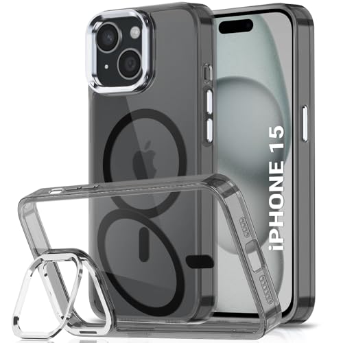 Image of TheGiftKart Hybrid Back Cover Case for iPhone 15 / iPhone 14 Compatible with MagSafe | Built-in Stand | Shockproof Hard Back Case Cover for iPhone 15 / iPhone 14 (PC & TPU, Clear Back, Black Sides)