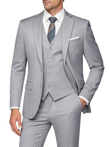 WULFUL Men's Slim Fit 3 Piece Suits Two Button Blazer Vest & Pants Tuxedo Set for Business Wedding Party