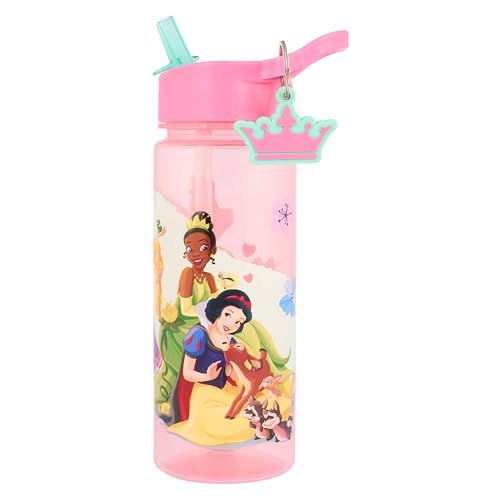Disney Bouteille d'eau Princesse avec paille Rose 500 ml Polypropylène avec Blanche-Neige, Cendrillon, Tiana et Raiponce, avec breloque couronne porte-clés
