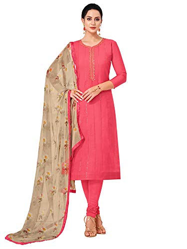 Image of AKHILAM Women's Chanderi Cotton Embroidered Unstitched Salwar Suit Material(Red 32DMK80 Parent)
