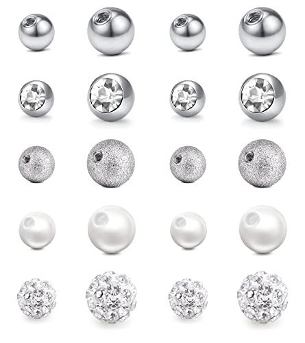 Mayhoop 10 Paires 14G 5mm/8mm Boules de Piercing Boules de Piercing Nombril Boules de Remplacement Acier Chirurgical ou Plastique Boules de Cristal de Perle pour Piercing Nombril pour Femme Argent