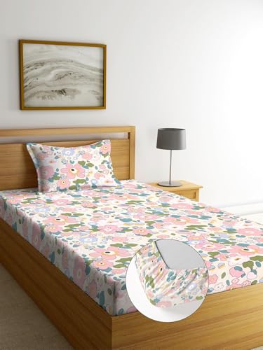 Image of 100% Soft Glace Cotton Elastic Fitted Single Bed Bedsheet with 1 Large Pillow Cover (Single Bed 42 x72x8 inches,Pink