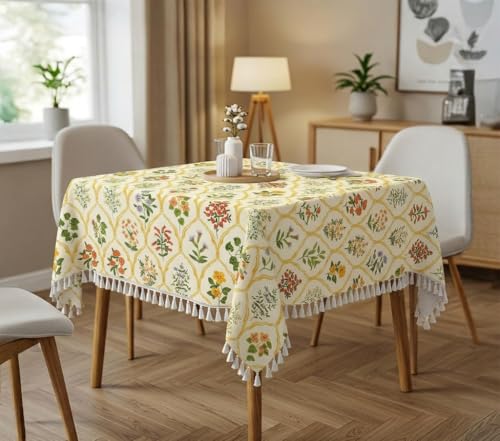 Image of RRC Microfiber Cotton Table Cloth Pack of 2 for 4 Seater Dining Table, 45 x 60 Inch Rectangular Printed Table Cover with Tassels, Washable, Durable & Fade Resistant