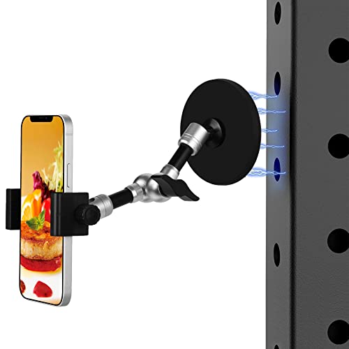 Gym Magnetic Phone Holder,Folding Working Out Phone Mount for Golf Cart,Tractor, Shelves,Car,Truck,Boat,Forklift, Attracts to Metal Surface Compatible with iPhone 15 14 13 12 Pro X Xs Xr