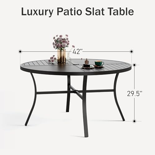 PHI VILLA Outdoor Round Dining Table for 4, 42" Large Metal Wrought Iron Table with Umbrella Hole, All Weather Dining Furniture for Patio, Deck, Yard, Porch - Black - Image 4