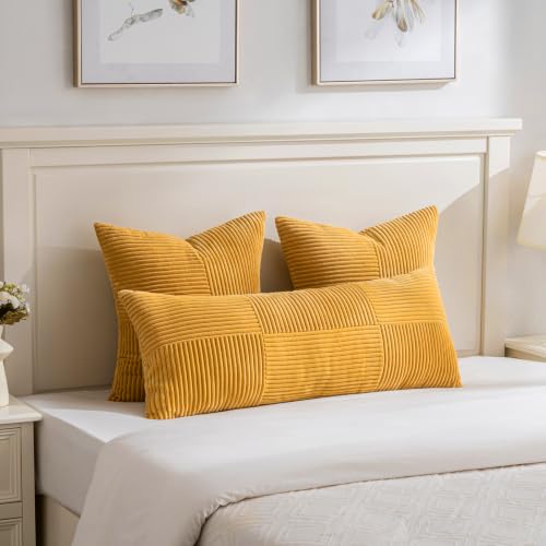 Image of Fancy Homi Set of 2 Gold Yellow Boho Long Lumbar Body Decorative Throw Pillow Cover 14x36 Inch for Bed Couch Bedroom Bench, Soft Patchwork Corduroy Textured Pillow Case, Rustic Farmhouse Room Decor