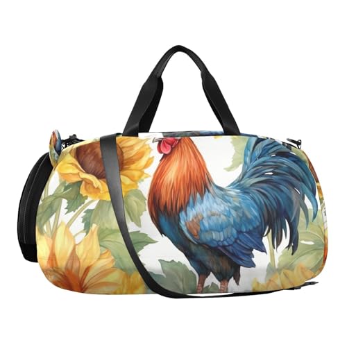 YETTASBIN Sport Travel Duffel Bag for Girls Boys, Rooster Sunflower Large Waterproof Weekender Overnight Bag, Detachable Shoulder Strap Gym Bag with Shoe Compartment & Wet Pocket2