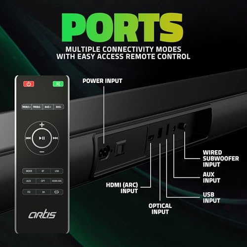 Image of Artis SoundHub 310 2.1 CH 200 Watts Wireless Bluetooth Soundbar with Wired Subwoofer & Multiple Input Modes: Bluetooth /HDMI (ARC) / AUX in /Optical