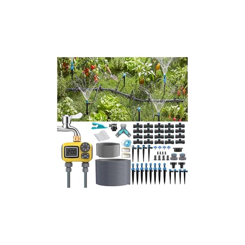 45 M Automatique Goutte à Goutte Kit D’irrigation Complet Avec Programmateur Pour Jardin, Système D'arrosage Automatique avec 2 Sorties D'eau et 4 Types de...