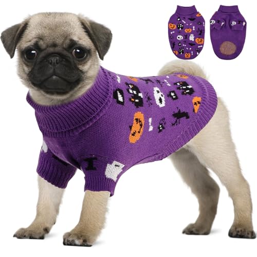 OTOB Halloween Sweater for Small Dogs Puppy, Pumpkin Knitwear Large Cat Sweater, Warm Turtleneck Classic Pet Clothes, Dog Halloween Costumes Holiday Outfit with Pumpkin Ghost Bat Spider, Purple, M