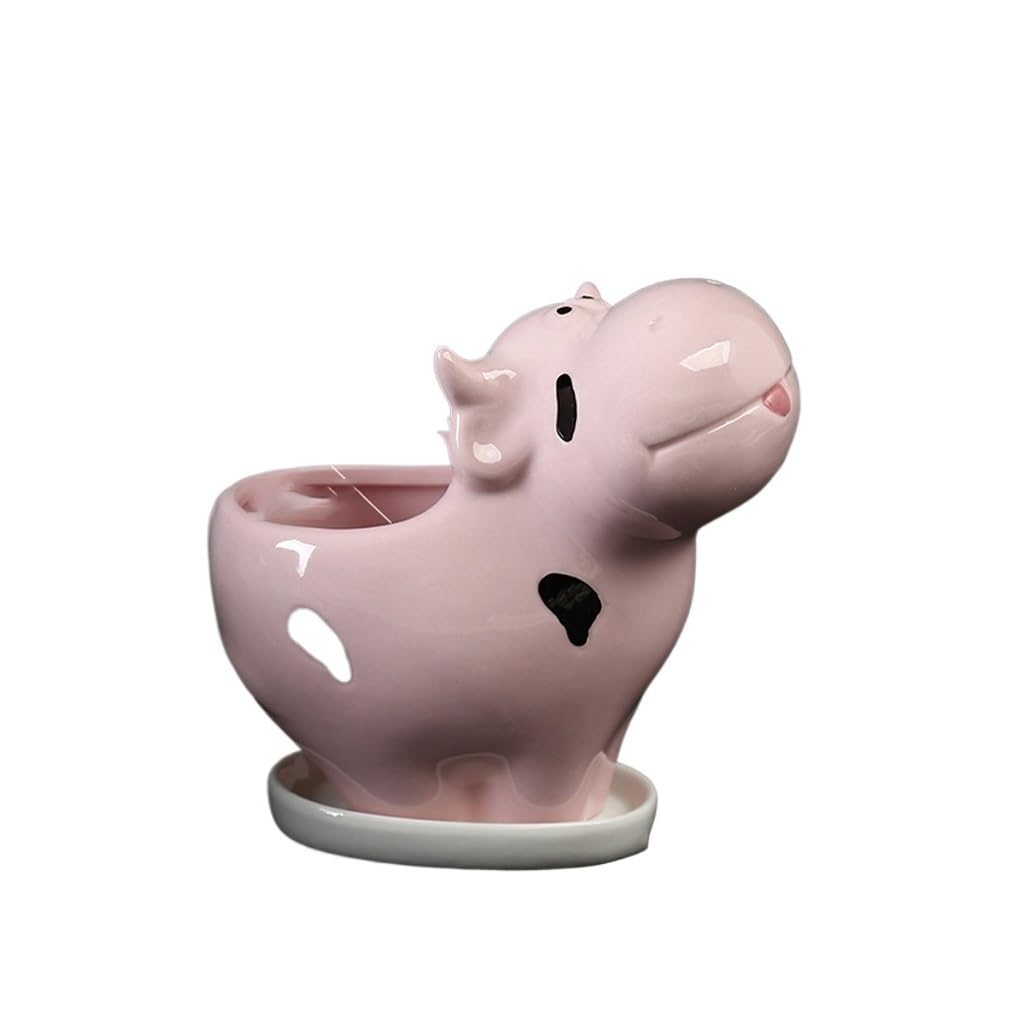GELASIGE Flower Pots Cow Succulent Flowerpot, Office Desk Decoration, Creative Ceramic Flowerpot With Tray Outdoor Flower Pots(B)